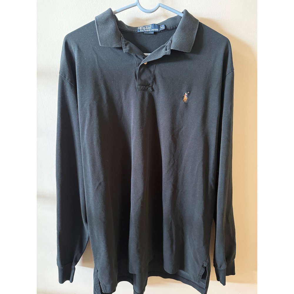 Polo Ralph Lauren Mens XL Black Long Sleeve Pique Polo Shirt Multi Color Pony